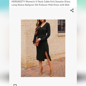 Cable Knit V Neck Sweater Dress Long Sleeve Bodycon  Slit Pullover size Small